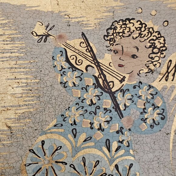 Holiday Folk Art Angel Wooden Wall Hanging 8" gold blue cherub handpainted (2) - Picture 7 of 9